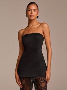 COSMINA 2pcs Women Strapless Mini Dress & Lace Pants Set, Casual Elegant Modern Mini Dress Suit, Black Lace 2 Piece Set Sleeveless Top & Long Pants Outfit - Black - View 4