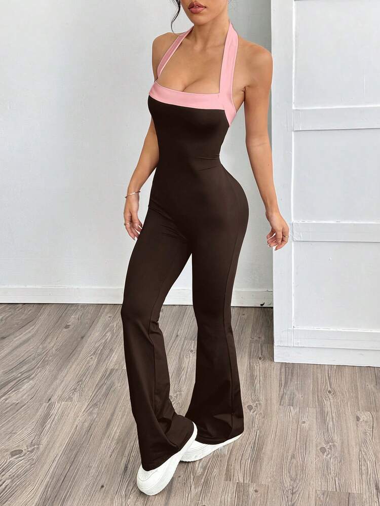 SHEIN EZwear Summer Women's Solid Color Patchwork Pink And Brown Minimalist Fitted Jumpsuit, Casual Daily Wear - Multicolor - View 4