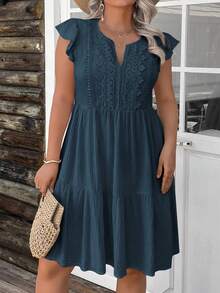 SHEIN LUNE 大码女式夏季休闲V领短袖连衣裙 - 藍色 - 查看 4
