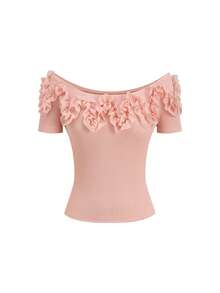 Ellevyn Blusa de punto elástica ajustada con hombros descubiertos y flores 3D rosas a rayas, con falda evasé. Falda elegante de jacquard para uso diario, vacaciones, primavera/verano - Multicolor - Ver 10