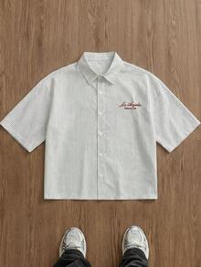 SWAVVY Men's Casual Fashionable Street Daily Commute Letter Embroidery Striped Print Short Sleeve Shirt, Summer - White - View 6