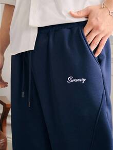 SWAVVY Men's Casual Loose Sweatpants With Embroidery, Navy Blue, Spring/Autumn/Summer - Navy Blue - View 5