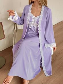 DAZY Women's Romantic Contrast Color Lace Patchwork Sleepwear Set - Robe & Slip Dress Pajamas - Purple - View 4
