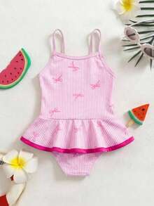 SHEIN Baby Girl Striped Bow Print Ruffle Casual Beach Vacation Spaghetti Strap One-Piece Swimsuit - Red - View 4