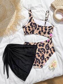 Leopard & Tropical Print Tween Girls' Cutout One-Piece Sleeveless Swimsuit, Summer Beach - Multicolor - View 2