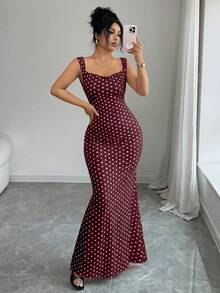 Elenzga Đầm đuôi cá hở lưng chấm bi cổ điển thanh lịch, phối nhiều mảnh vải, thắt nơ, thích hợp cho các buổi hẹn hò và tiệc tùng, trang phục duyên dáng và quyến rũ, mùa xuân/hè. - Nhiều màu - Xem 5