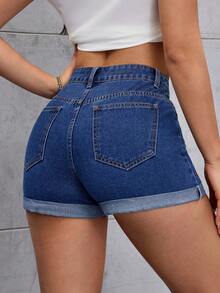 SHEIN ICON Women's Fruit Embroidered Frayed Hem Loose Denim Shorts - Medium Wash - View 2