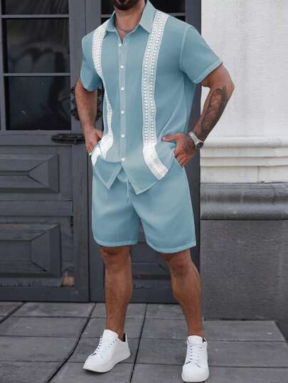 Manfinity CasualCool Camisa de verano retro de manga corta con botones delanteros y color contrastante para hombres