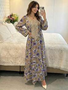 Al Najma 优雅花卉印花撞色蕾丝喇叭袖长袍连衣裙，度假风 - 紫色 - 查看 1