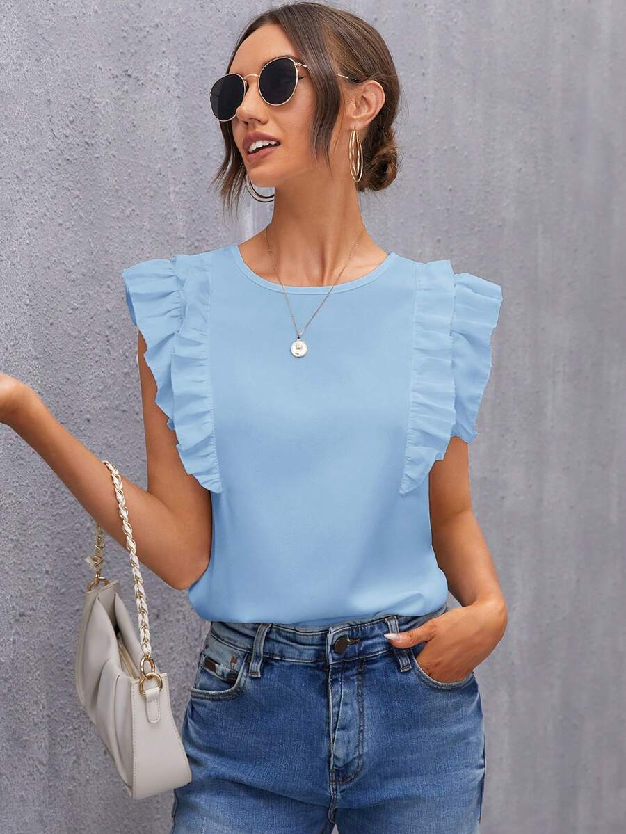 SHEIN Clasi Women's Keyhole Back Ruffle Armhole Spring Top,Summer Top - Baby Blue - View 1