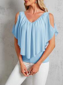 SHEIN Clasi Áo thun trễ vai viền bèo nhún - Màu xanh nhạt - Xem 4