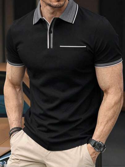 Manfinity Mode Camisa polo de manga corta con ribete de rayas de contraste para hombres, casual y de negocios, para uso diario, verano, dinero viejo, ocio diario, viajes de fin de semana, actividades al aire libre, expediciones de viaje, entornos de trabajo relajados o ocasiones semi-formales, regalo para novio/esposo, regalo de aniversario/cumpleaños, vacaciones de verano, boda, de primavera a verano, Pascua, camisa polo clásica de hombres con cuello de rayas y bolsillo en el pecho, camisas polo de hombres, camisas de golf de hombres, tops casuales de hombres, camisetas de cuello T de hombres