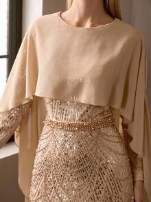 MOTF Soiréza WOMEN'S ELEGANT ROUND NECK LONG-SLEEVED CAPE-STYLE MAXI PARTY GOWN – WITH SPARKLY SEQUIN BEADED FAUX PEARL-EMBELLISHED, BATWING SLEEVE CENTRAL BACK ZIPPER, IDEAL FOR PARTIES, GALAS, FORMAL EVENINGS, HOLIDAY CELEBRATIONS & SPECIAL EVENTS - Khaki - View 2