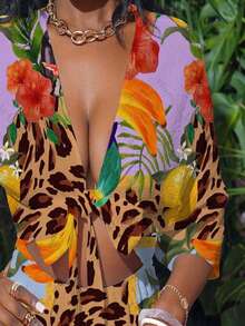 Slaydiva Mono holgado de vacaciones con manga 3/4, abertura y nudo delantero en blanco - Multicolor - Ver 3