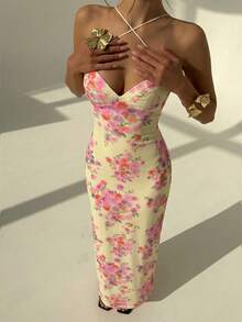 Aloruh Women's Sexy Elegant Floral Print Backless Tie Strap Fitted Dress, Vacation Style - Multicolor - View 5