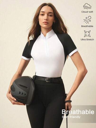 With My Calm 女士立领修身半拉链撞色短袖马术上衣