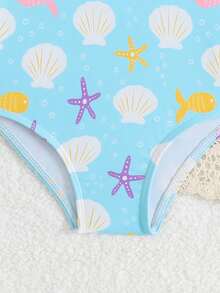 SHEIN 女婴沙滩连体泳衣，可爱蓝色海洋生物和贝壳印花，针织面料，时尚优雅，适合游泳、夏季度假、海滩、泳池、假日派对等场合。 - 彩色 - 查看 6