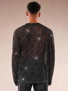 FeverCity 男士时尚性感闪亮透视长袖T恤 - 黑色 - 查看 2