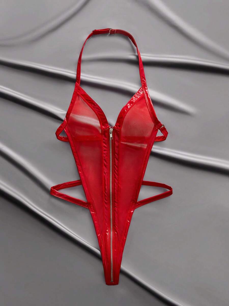 SHEIN Sexy Metallic Shiny Deep V-Neck Zipper Crotch Bodysuit With PU Patchwork And Y2K Net Mesh Design For Women - Red - View 1