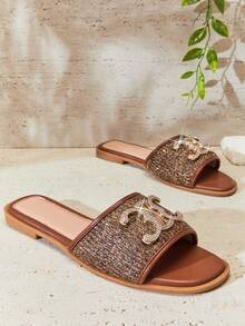 SHUZIA 女士优雅金属装饰平底拖鞋 - 紫紅色 - 查看 7