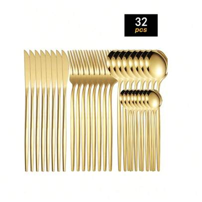 4/16/24/32件套葡萄牙不锈钢餐具套装，含牛排刀、叉子和勺子，适合家庭、餐厅、聚会、节日礼品。