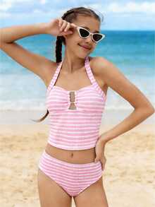 SHEIN Bộ đồ bơi 2 mảnh màu hồng sọc lượn sóng trang trí kim loại cho bé gái (cỡ lớn), chất liệu vải dệt kim mềm mại, thoải mái, thích hợp cho bãi biển, hồ bơi, bờ biển, lướt sóng, kỳ nghỉ, mùa hè, du lịch. - Hồng - Xem 7