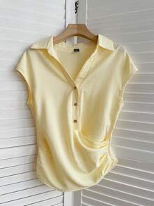 SHEIN EZwear 女士黄色梭织单排扣褶裥休闲衬衫 - 淡黃色 - 查看 7