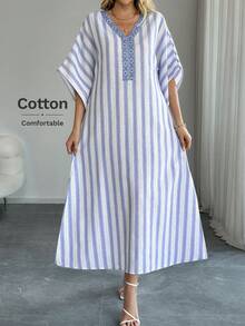 Easowa 蓝白条纹蝙蝠袖宽松连衣裙，适合休闲度假、海滩度假、日常休闲穿着，采用舒适棉质面料，宽松休闲长裙 - 彩色 - 查看 4