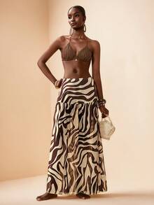 Zivah 2026 Casual Beach Vacation Asymmetrical Striped Print Sarong Skirt - Rust Brown - View 7