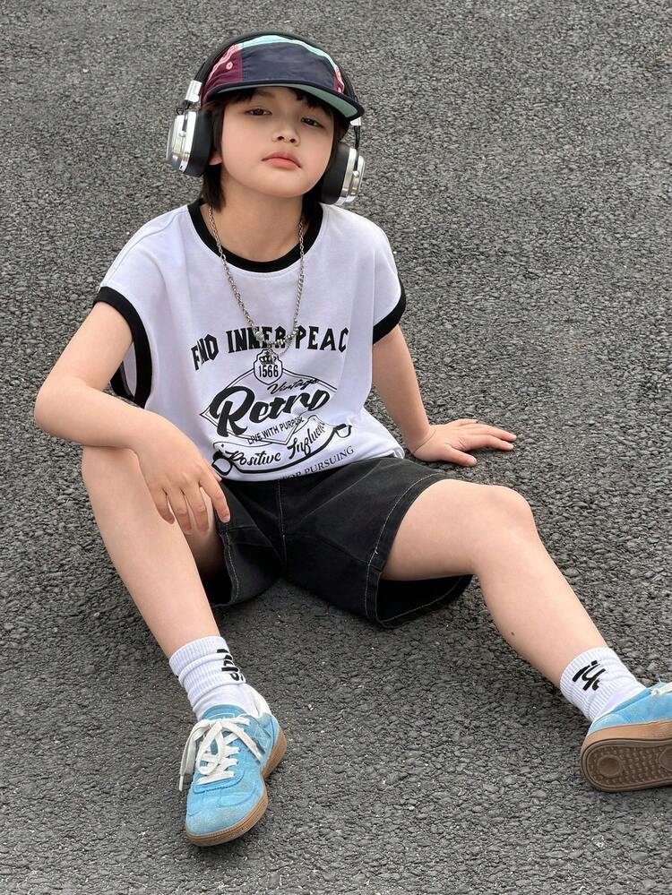 Tween Boy Slogan Print Contrast Color Round Neck Casual Tank Top