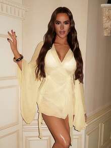 Swim SXY 女士亮片面料深V领长袖和服罩衫，春夏款 - 杏色 - 查看 3