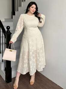 Dazy Plus Dehnbares, figurbetontes, elegantes Spitzen-Patchwork-Meerjungfrauenkleid, sexy Damenkleid in Große Größen für Frühling/Herbst-Dates, Apricot - Aprikosenfarben - Übersicht 7