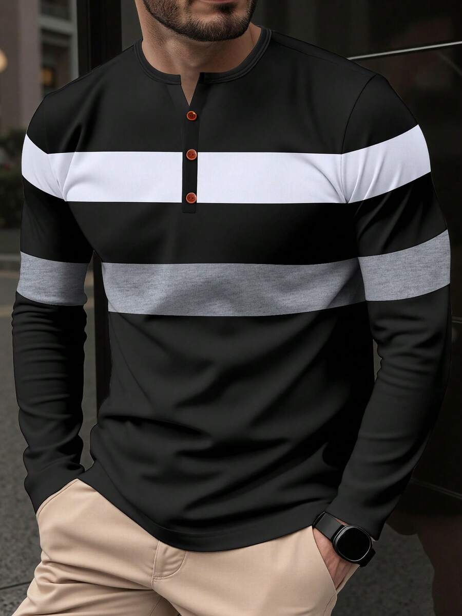 Manfinity Mode Men's Casual Commuter Contrast Stripe Print Half-Button Cardigan Long Sleeve T-Shirt, Spring/Autumn - Multicolor - View 1