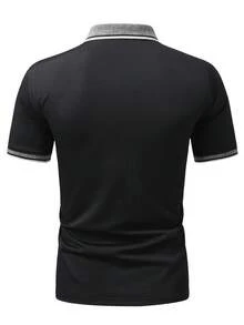 Calvornis 男士黑色夏季休閒商務工作 Polo 衫，對比條紋飾邊短袖經典領上衣附胸前口袋，日常通勤高爾夫 Polo 衫，儀式適用 - 黑色 - 查看 2