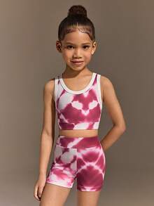 女童休闲运动红色印花修身套装，夏季服装，修身剪裁，时尚设计，适合运动、健身、户外活动、校园生活和日常穿着。 - 紅色 - 查看 2