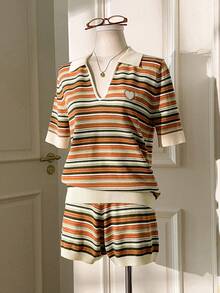 Muvela Vintage mehrfarbig gestreifter Polokragen Herz Dekor Damen Strickpullover, 2 Stücke Set, Retro College Stil Y2K Millennium Ästhetik, geeignet für Lässig, Büro, Sommerurlaub, Strand, Date, Party, Frühling, Valentinstag, Abschluss, Schulanfang, vielseitig, modisch - Verschiedenfarbig - Übersicht 6