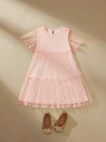 SHEIN Young Girl Gold Foil Contrast Mesh Cake Dress - Pink - View 5