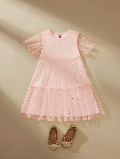 SHEIN Young Girl Gold Foil Contrast Mesh Cake Dress