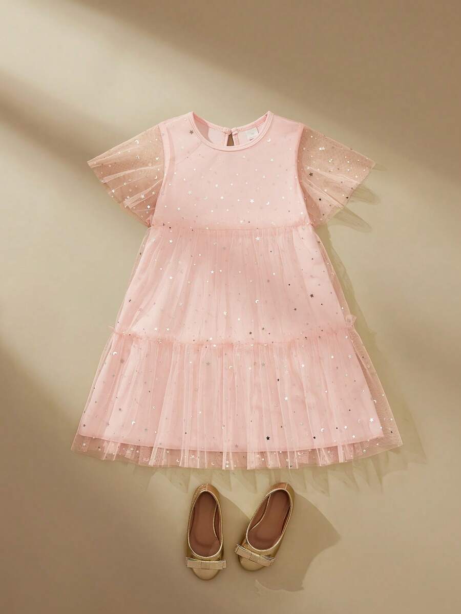 SHEIN 年轻女孩金箔对比网纱蛋糕裙 - 粉色 - 查看 1