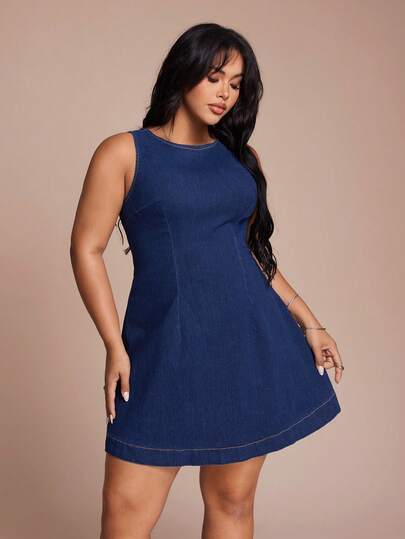 SHEIN CURVE+ Plus Size Solid Color Round Neck Sleeveless Simple Denim Dress, Versatile For Summer