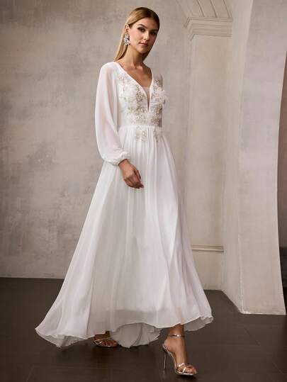 MOTF PREMIUM VESTIDO MAXI DE MUJER DE NUEVO EN BLANCO CON BORDADO DE GASA CUELLO EN V Y MANGAS FAROL, VESTIDO FORMAL ELEGANTE VINTAGE LARGO, VESTIDO DE FIESTA CON ESTILO DE CELEBRIDAD DE PASARELA