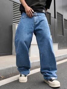 Manfinity Hypemode 男士美式街头时尚可调节腰带设计蓝色水洗宽松阔腿牛仔裤 - 中等水洗藍 - 查看 7