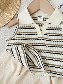 SHEIN Conjunto de top de tirantes con cuello polo a rayas y shorts con volantes de cintura elástica, estilo lindo para bebé niña en verano - Caqui - Ver 3