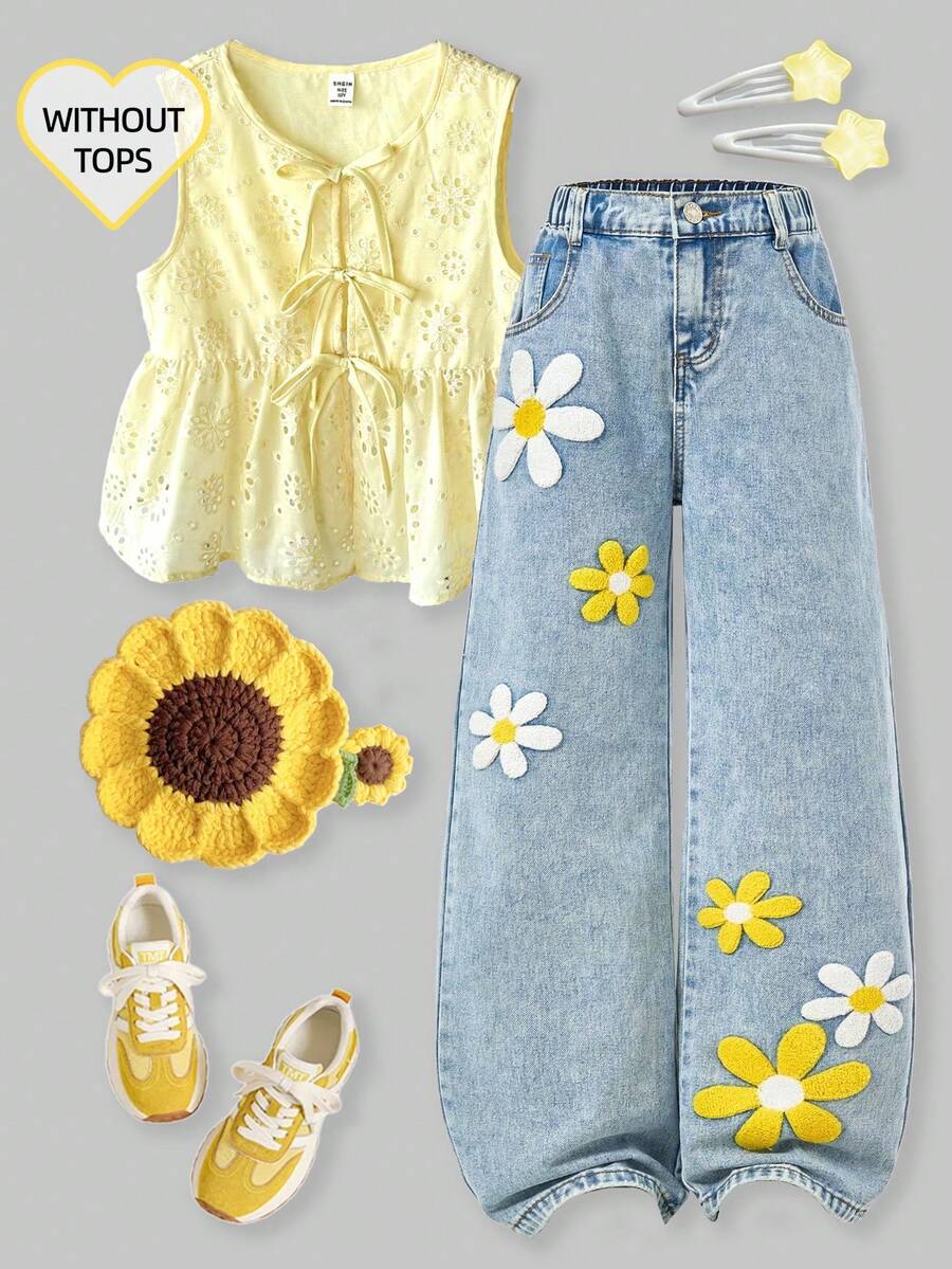 SHEIN ChillGRL Tween 女童时尚雪花刺绣阔腿水洗牛仔裤，适合春夏秋冬 - 淺色水洗藍 - 查看 1