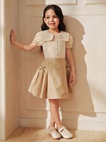 SHEIN Áo kiểu ren thêu thời trang cho bé gái, thích hợp cho những buổi đi chơi thường ngày và mặc dạo phố. - Màu be - Xem 6