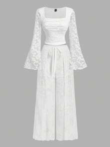 SHEIN MOD 女士纯色蕾丝拼接打结优雅阔腿裤 - 白色 - 查看 6