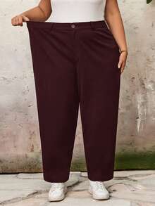 SHEIN CURVE+ Pantaloni conici la gleznă, de culoare solidă, pentru femei, mărime plus, pentru absolvire casual de lucru/absolvire. - Violet Roșu - Vizualizare 4