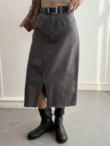 Livesso 女士宽松商务休闲高开衩直筒牛仔裙，时尚百搭，适合办公室、街头穿着，春夏皆宜 - 灰色 - 查看 3