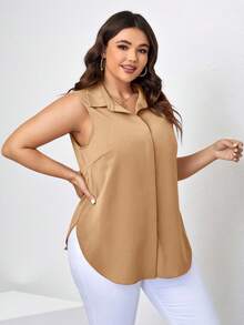 SHEIN Clasi 大码纯色简约无袖衬衫 - 駝色 - 查看 5