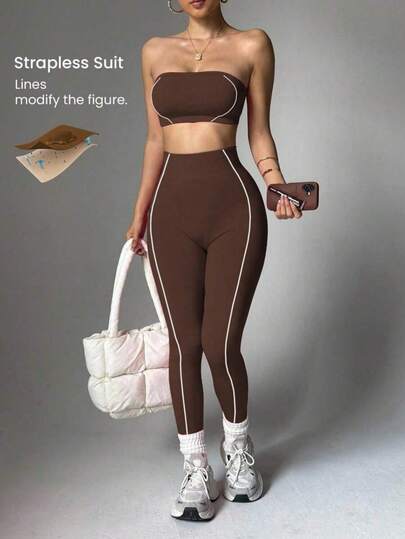Conjunto deportivo sin costuras de mujer con rayas rosas, top corto y mallas